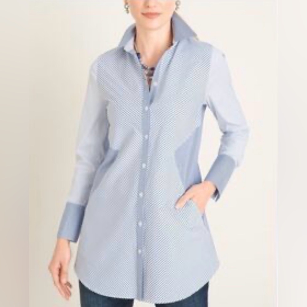 Chicos Button Up Shirt Womens 2 US 12 14 Blue Mixed Stripe Poplin Tunic Collared